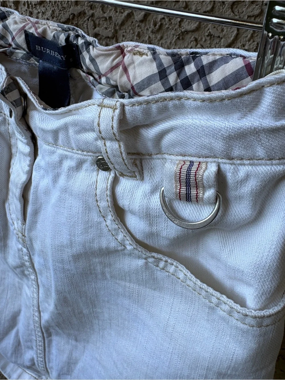 Burberry White Denim Mini Skirt with Signature Plaid Waist